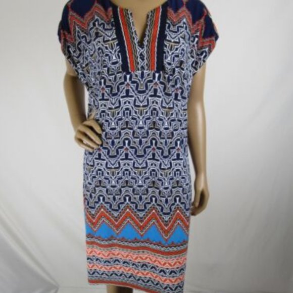 Laundry By Shelli Segal Dress Size M Short dolman Sleeves Split Neck Multi Color - Picture 1 of 7